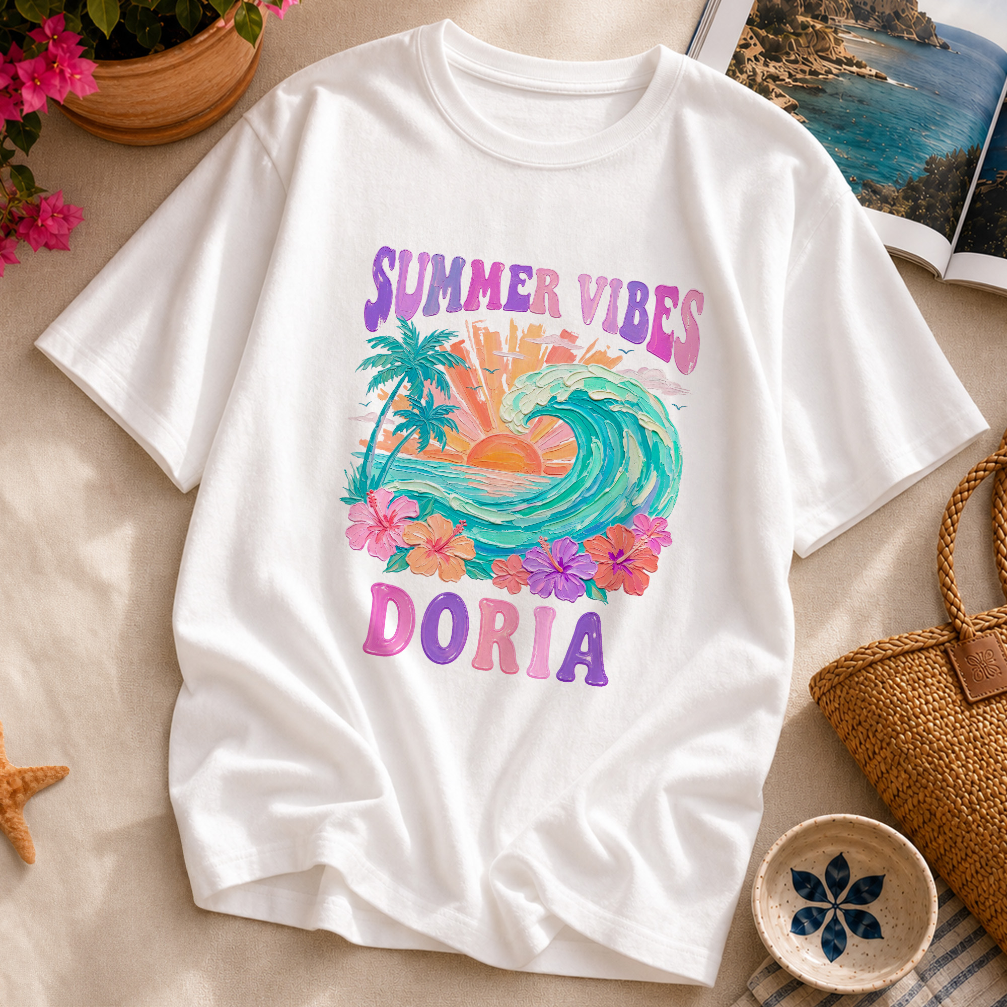 Individuell gestaltetes T-Shirt, Sweatshirt oder Hoodie mit Strukturmuster und Meeres-Sonnenuntergangsmotiv sowie Namensaufdruck – Alltagskleidung und Geburtstagsgeschenk für Frauen, Teenager-Mädchen