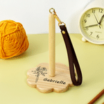 Personalized Retro Style Birth Flower Name Wooden Yarn Spinner with Wristband and Strap Crochet Accessory Birthday Gift for Mother Grandma Craft Lover