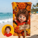 Personalised Birth Flower Cartoon Kid Photo Quick Dry Oversized Microfiber Beach Towel with Name Travel Essentials Beach Party Birthday Gift for Kids