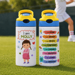 Personalised Kind Smart Loved Colourful Cartoon Character 12 oz Insulated Water Bottle with Straw Handle and Name Daily Use Back to School Gift for Kid
