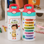 Personalised Kind Smart Loved Colourful Cartoon Character 12 oz Insulated Water Bottle with Straw Handle and Name Daily Use Back to School Gift for Kid