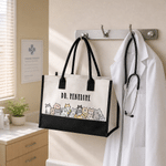 Personalized Cartoon Cat Dog Illustration Large Capacity Canvas Tote Bag with Text Daily Use Birthday Gift for Pet Lover Owner Veterinarian
