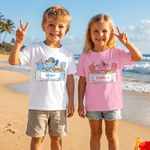 Personalised Cartoon Summer Beach Crab 100% Cotton Kid T-shirt with Name Summer Travel Wear Holiday Back to School Gift for Kids