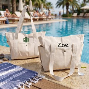 Personalised Embroidered Name and Monogram Cotton Canvas Tote Bag with Multi-Pocket Daily Use Hen Party Teacher's Day Gift For Her
