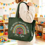 Personalized Teacher Theme Rainbow Large Capacity Corduroy Tote Bag with Text Daily Essential Teacher's Day Gift for Women Teachers