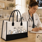 Personalized Cartoon Cat Dog Illustration Large Capacity Canvas Tote Bag with Text Daily Use Birthday Gift for Pet Lover Owner Veterinarian