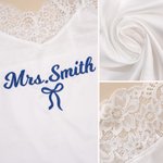 Personalized Elegant Soft Satin Lace-Trim Embroidered Pajama Set with Text and Date Bridal Shower Honeymoon Gift for Bride to Be