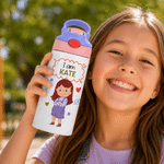 Personalised Kind Smart Loved Colourful Cartoon Character 12 oz Insulated Water Bottle with Straw Handle and Name Daily Use Back to School Gift for Kid