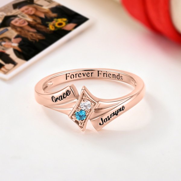 Personalized Sterling Silver Elegant 2-4 Birthstones Ring with Engraved Text Birthday Anniversary Graduation Gift for Graduates Friends