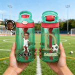 Personalized Cartoon Black Soccer Kid Design 16 oz Water Bottle with Straw and Name Daily Use Birthday Back to School Gift for Kid Boy Girl