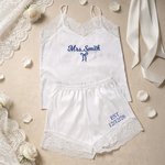 Personalized Elegant Soft Satin Lace-Trim Embroidered Pajama Set with Text and Date Bridal Shower Honeymoon Gift for Bride to Be