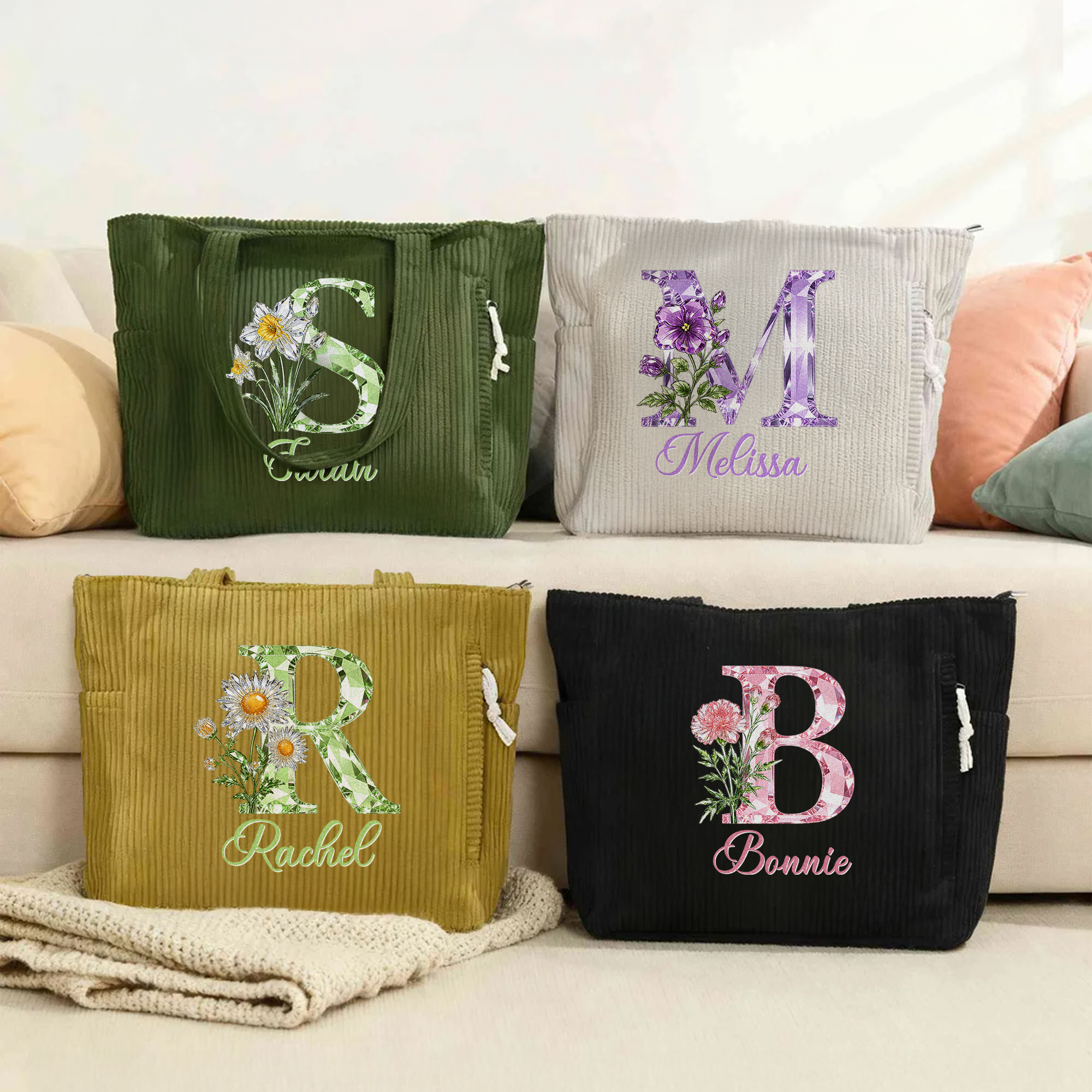 Personalisierte Diamant-Monogramm Tasche aus Cord | mit Geburtsblume und Namen | Geburtstagsgeschenk für Frauen