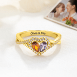 Personalized Twin Birthstone Heart Ring with Engraved Name Dainty Jewellery Birthday Anniversary Valentine's Day Gift for Women
