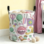 Personalized 3D Yarn Crochet Hook Knitted Pattern Large Waterproof Laundry Storage Basket with Name and Handle Birthday Gift for Knitting Lover