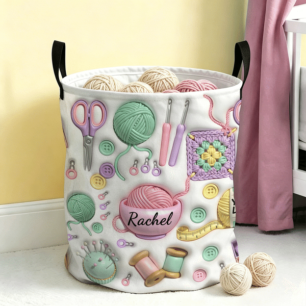 Personalized 3D Yarn Crochet Hook Knitted Pattern Large Waterproof Laundry Storage Basket with Name and Handle Birthday Gift for Knitting Lover