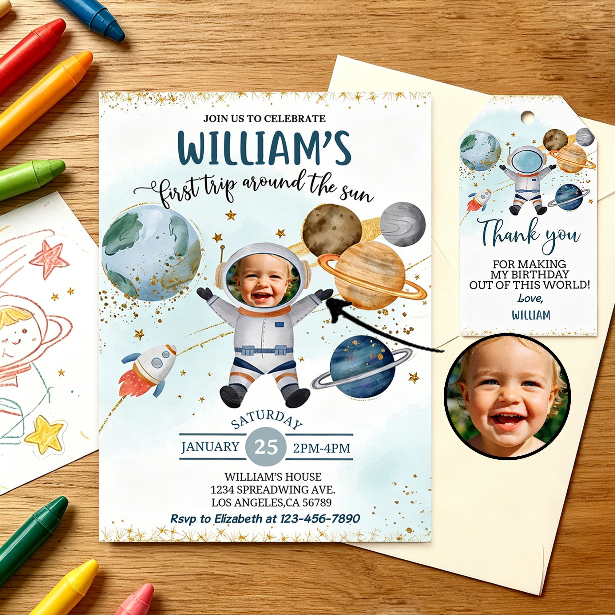 Personalized First Trip Around The Sun Astronaut Invitation Card with Name Time and Photo 1st Birthday Party Gift for Parents