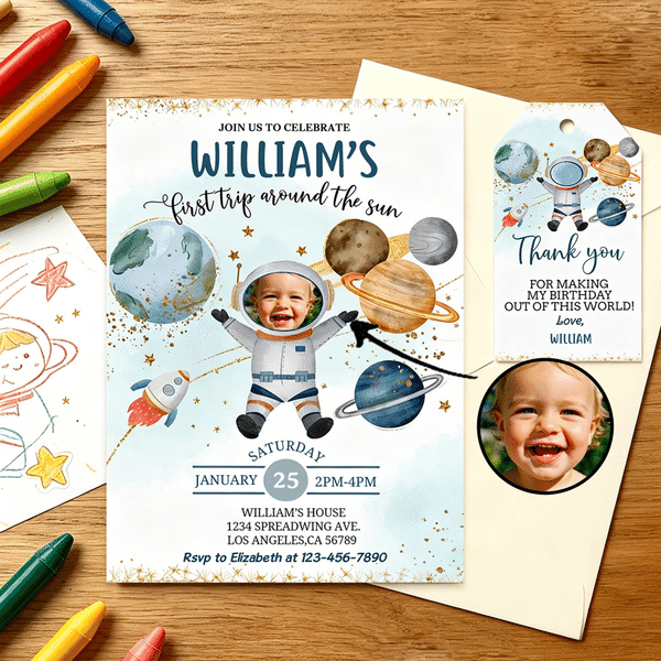 Personalized First Trip Around The Sun Astronaut Invitation Card with Name Time and Photo 1st Birthday Party Gift for Parents