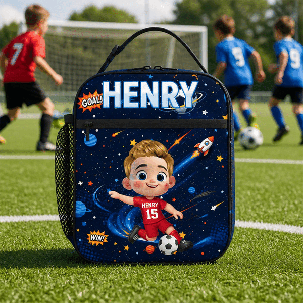 Personalized Soccer Theme 3D Cartoon Character Lunch Bag with Name Back to School Birthday Gift for Boys Girls
