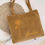 Personalised Embroidered Birth Flower Large Capacity Corduroy Tote Bag with Name Daily Use Travel Birthday Mother's Day Gift for Woman
