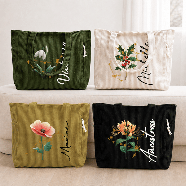 Personalized Constellation Birth Flower Large Capacity Corduroy Tote Bag with Name Daily Use Birthday Gift for Women