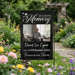 Personalised Your Memory Lives on in Our Hearts Forever Garden Flag with Photo Name and Date Sympathy Bereavement Gift for Loss of Loved Ones