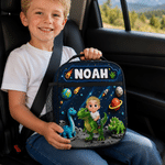 Personalised Dinosaur Cartoon Kid Character Portable Insulated Lunch Bag with Name and Mesh Pocket Back to School Birthday Gift for Girls Boys