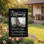 Personalised Your Memory Lives on in Our Hearts Forever Garden Flag with Photo Name and Date Sympathy Bereavement Gift for Loss of Loved Ones
