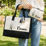 Personalised Birth Flower Large Tote Bag Portable Makeup Bag with Name Travel Accessories Birthday Gift for Women