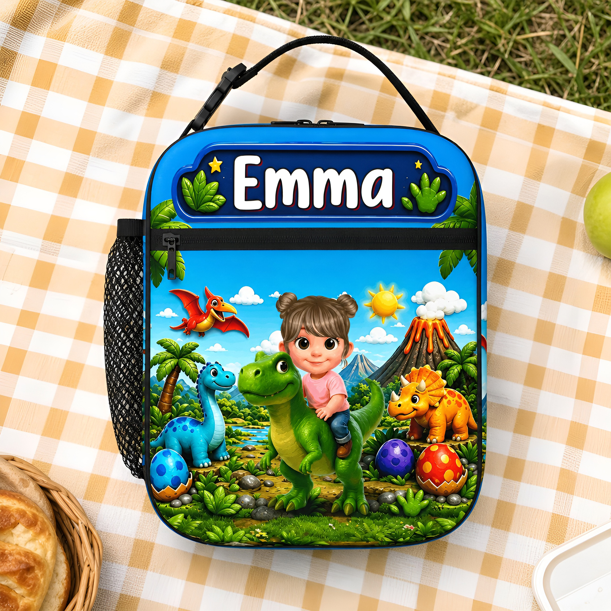 Individuell gestaltete, tragbare, isolierte Lunch-Tasche mit Dinosaurier-Cartoon-Motiv für Kinder, mit Namen und Netztasche – als Geschenk zum Schulanfang oder Geburtstag für Mädchen und Jungen