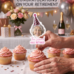Personalised Fun Face Photo Retired Party Hat Theme Cupcake Topper with Text Cake Decoration Retirement Party Gift for Retiree Colleague