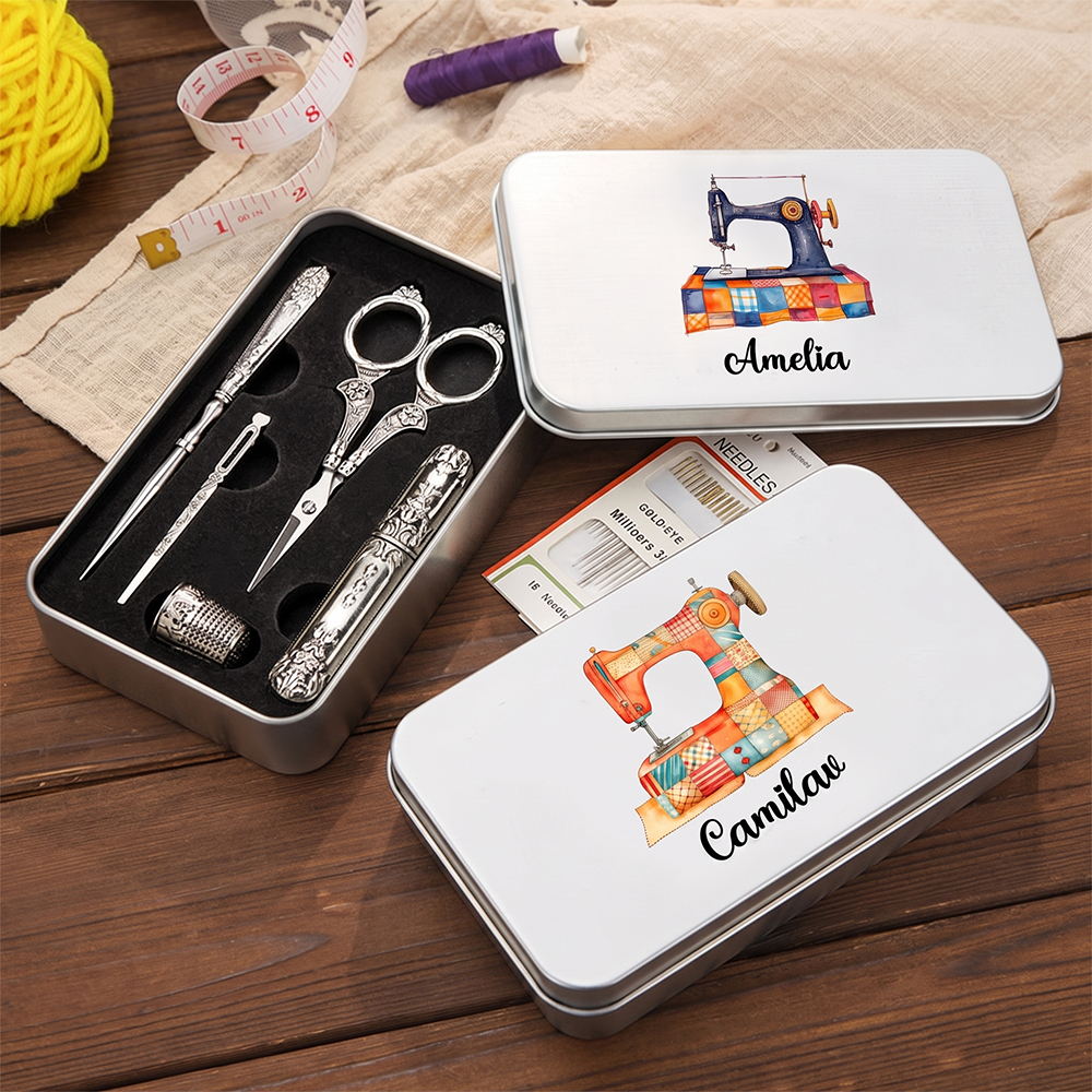 Personalisierte Patch-Nähmaschine 6 Stück Nähwerkzeug-Set mit Zinn-Box und Name Geburtstagsgeschenk für Schneiderin Nähen Liebhaber