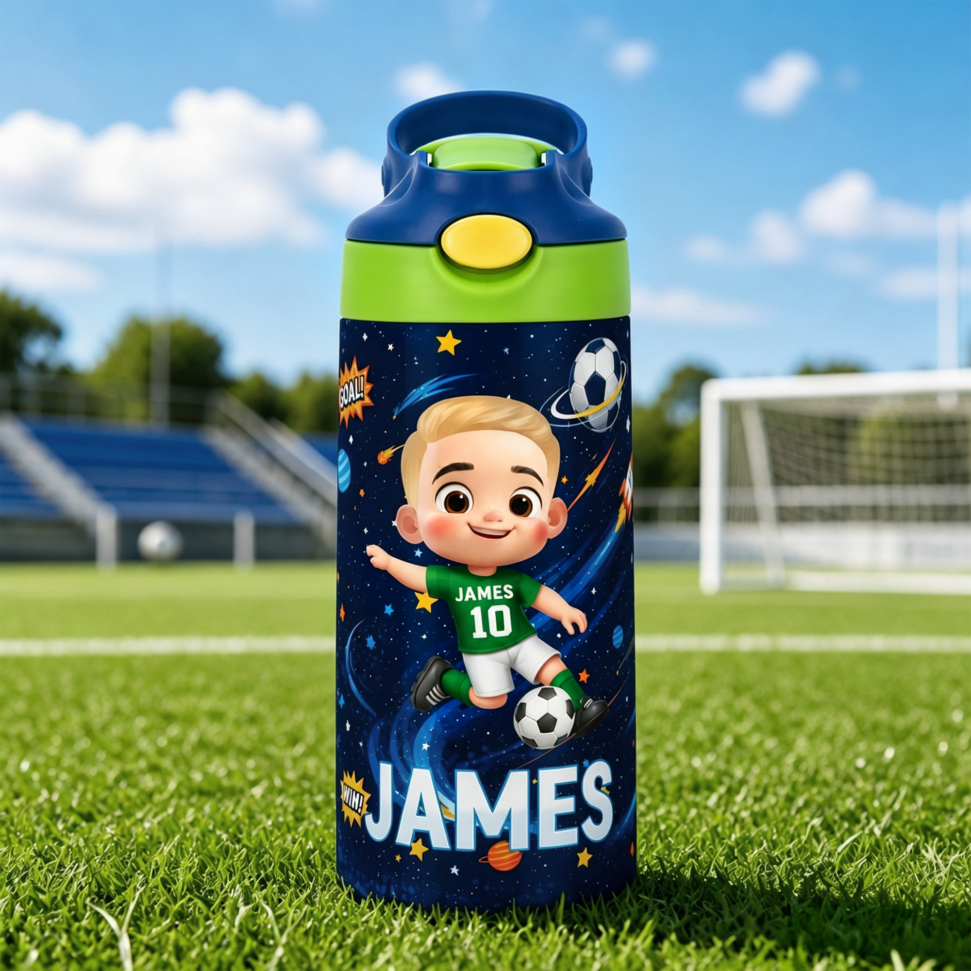 Individuell gestaltete 3D-Cartoon-Figur im Fußball-Design, 12 oz isolierte Trinkflasche mit Strohhalm und Tragegriff – Geschenk zum Schulanfang oder Geburtstag für Jungen und Mädchen