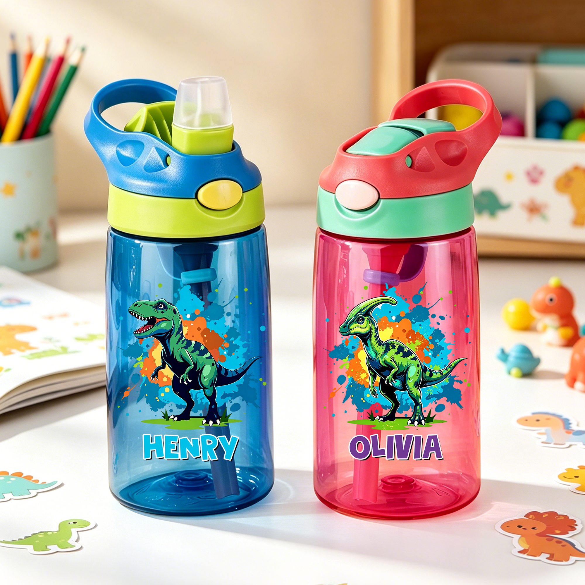 Personalisierte Dinosaurier-Trinkflasche | 475 ml | mit Namen und Splash-Ink-Design | Einschulung Geburtstag Geschenk für Jungen und Mädchen