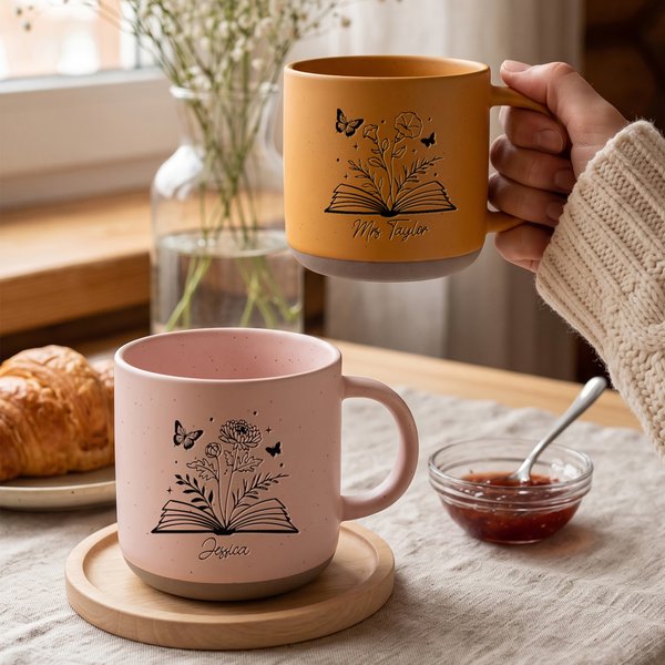 Personalised Book Birth Flower Ceramic Coffee Mug with Text Office Home Use Teacher's Day Birthday Gift for Teachers Book Lovers