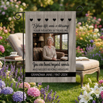 Personalised Your Memory Lives on in Our Hearts Forever Garden Flag with Photo Name and Date Sympathy Bereavement Gift for Loss of Loved Ones