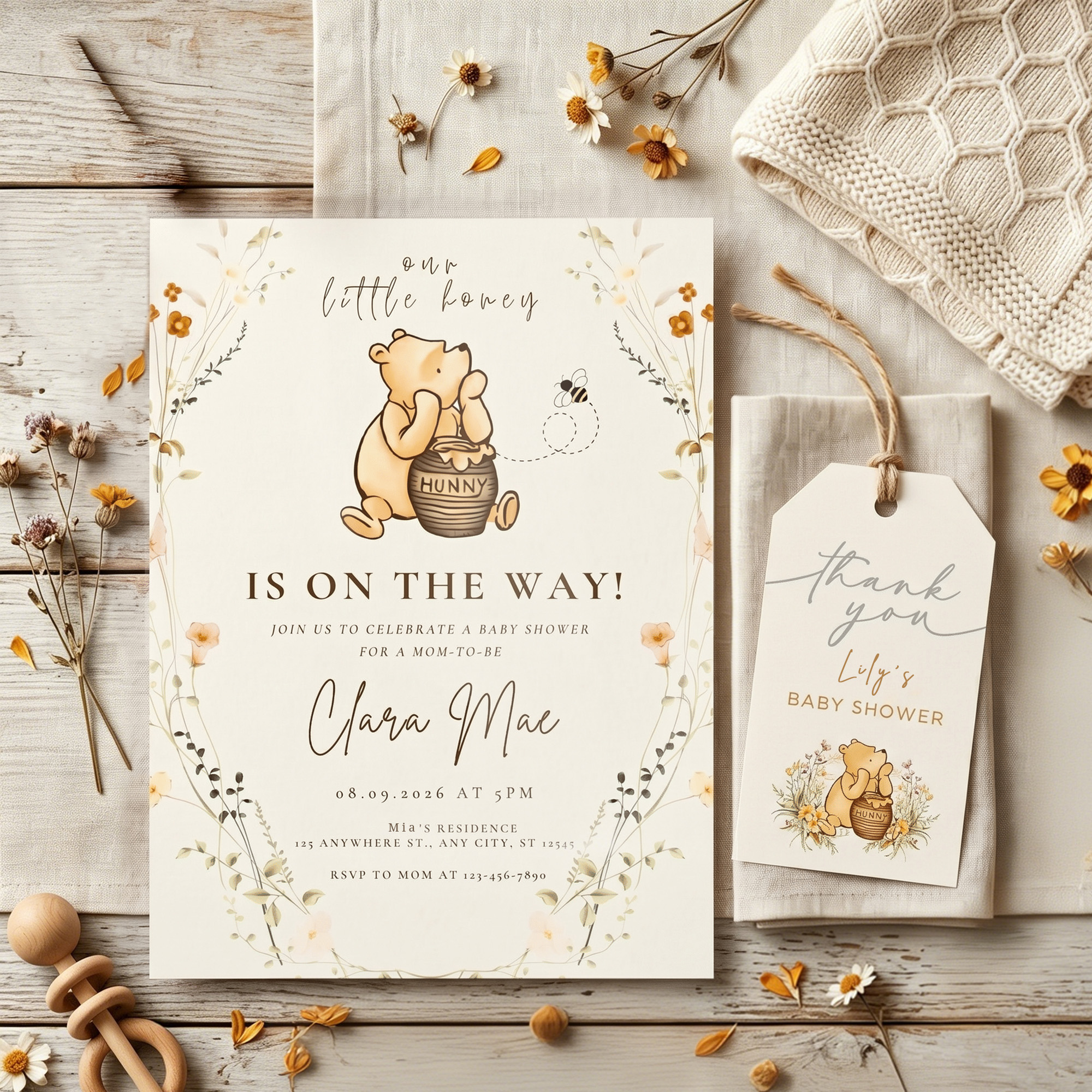 Personalized Classic Winnie the Pooh Floral Invitation Card with Name Time and Venue Baby Shower Gender Reveal Party Gift for New Mom New Parents