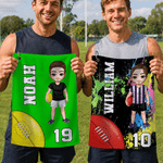 Personalised Cartoon AFL Character Quick Dry Waffle Sport Towel with Name and Carabiner Team Birthday Gift for AFL Lovers