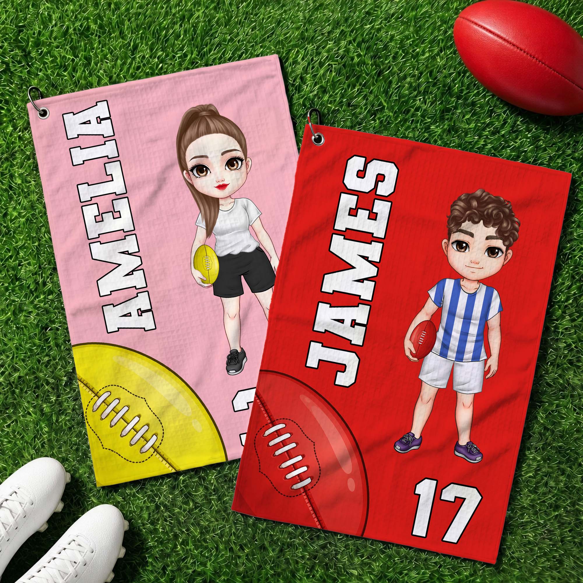 Personalisiertes AFL-Sport-Waffeltuch mit Cartoon-Motiv, schnell trocknend, mit Namen und Karabiner – Geburtstagsgeschenk für AFL-Fans