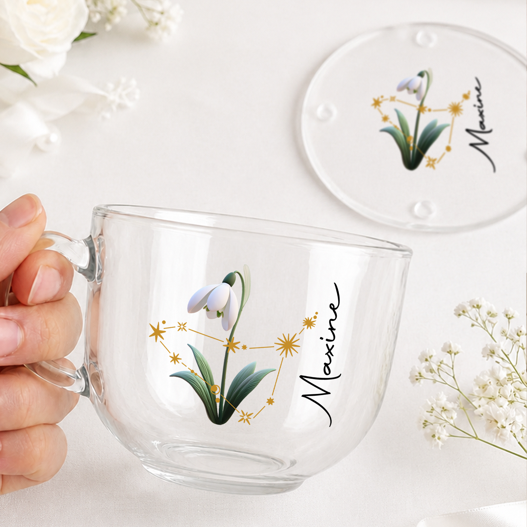 Personalisierter 16-oz-Becher aus klarem Glas mit Henkel und Name – Sternzeichen-Geburtsblume – Muttertags- und Geburtstagsgeschenk für Frauen, Mütter und Großmütter