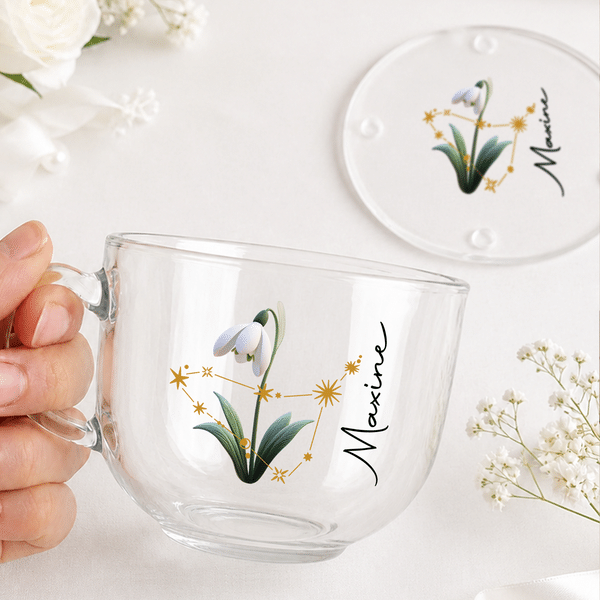 Personalized Constellation Birth Flower 16 oz Clear Glass Cup with Handle and Name Mother's Day Birthday Gift for Woman Mom Grandmother