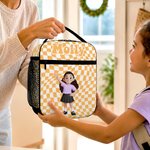 Personalized 3D Cartoon Character Multicolour Plaid Lunch Bag with Name Back to School Birthday Gift for Boys Girls
