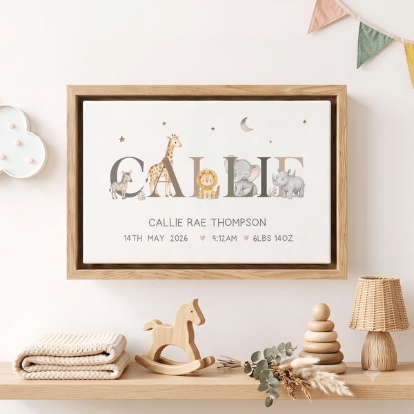 Personalised Watercolour Cartoon Animals Name Canvas Prints with Birth Message Nursery Decor Ship from USA Housewarming Gift for New Parents
