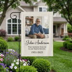 Personalised Your Memory Lives on in Our Hearts Forever Garden Flag with Photo Name and Date Sympathy Bereavement Gift for Loss of Loved Ones