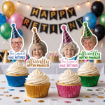 Personalised Fun Face Photo Retired Party Hat Theme Cupcake Topper with Text Cake Decoration Retirement Party Gift for Retiree Colleague
