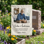Personalised Your Memory Lives on in Our Hearts Forever Garden Flag with Photo Name and Date Sympathy Bereavement Gift for Loss of Loved Ones