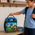 Personalised Dinosaur Cartoon Kid Character Portable Insulated Lunch Bag with Name and Mesh Pocket Back to School Birthday Gift for Girls Boys