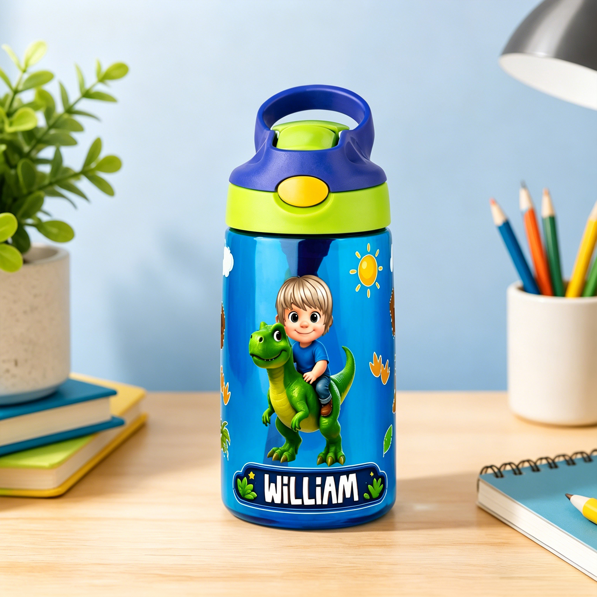 Personalisierte 16-oz-Kinder-Trinkflasche mit Dinosaurier-Cartoon-Figur, Silikonstrohhalm und Tragegriff – Geschenk zum Schulanfang oder Geburtstag für Jungen und Mädchen