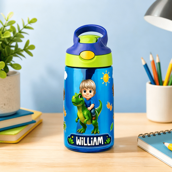 Personalized Dinosaur Cartoon Character Name 16 oz Kid's Water Bottle with Silicone Straw and Handle Back to School Birthday Gift for Boys Girls