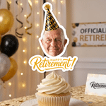 Personalised Fun Face Photo Retired Party Hat Theme Cupcake Topper with Text Cake Decoration Retirement Party Gift for Retiree Colleague