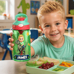 Personalized Dinosaur Cartoon Character Name 16 oz Kid's Water Bottle with Silicone Straw and Handle Back to School Birthday Gift for Boys Girls